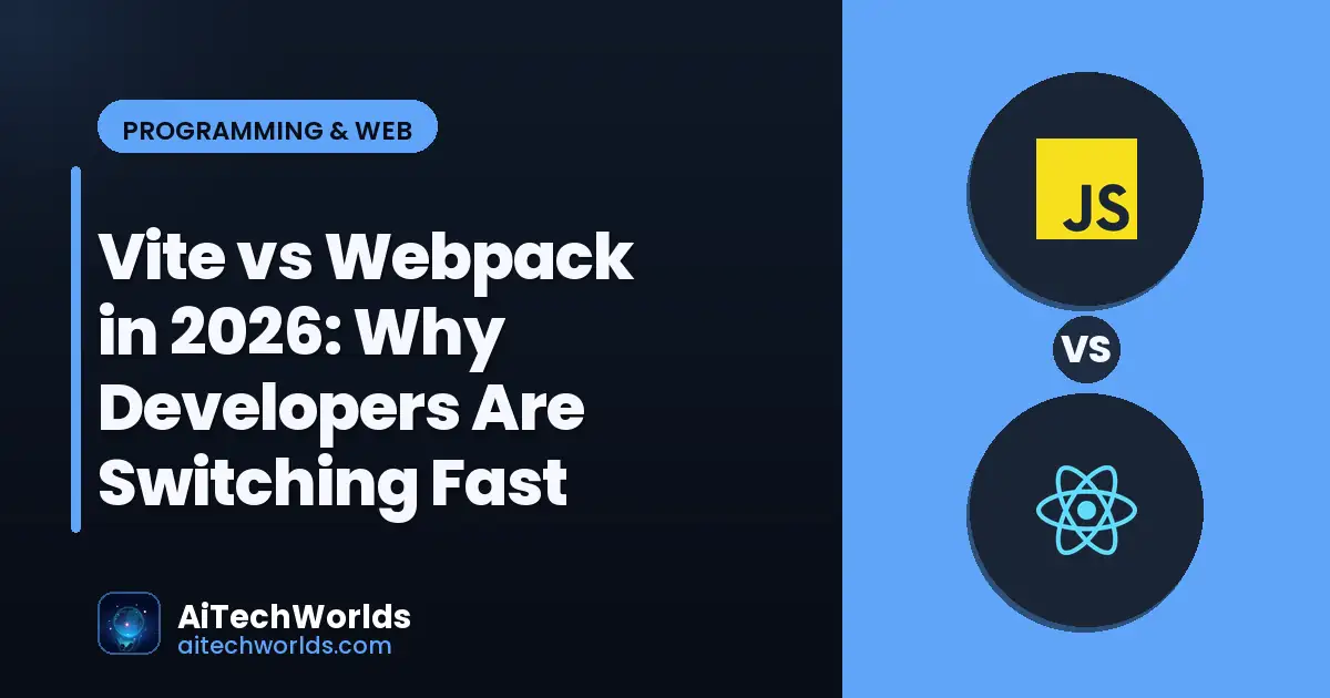 JavaScript React code editor on dark screen — vite vs webpack in 2026